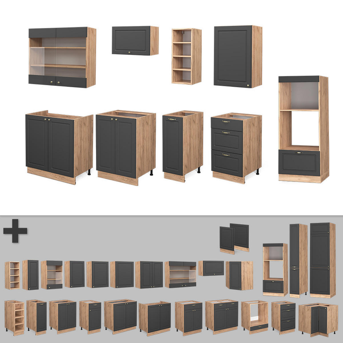 KÜCHENZEILE Fame-Line Anthrazit Landhaus/Goldkraft Eiche 280 cm AP Anthrazit - Dunkelgrau/Eiche Wotan, Holzwerkstoff (280/81.6/60cm) - Vicco