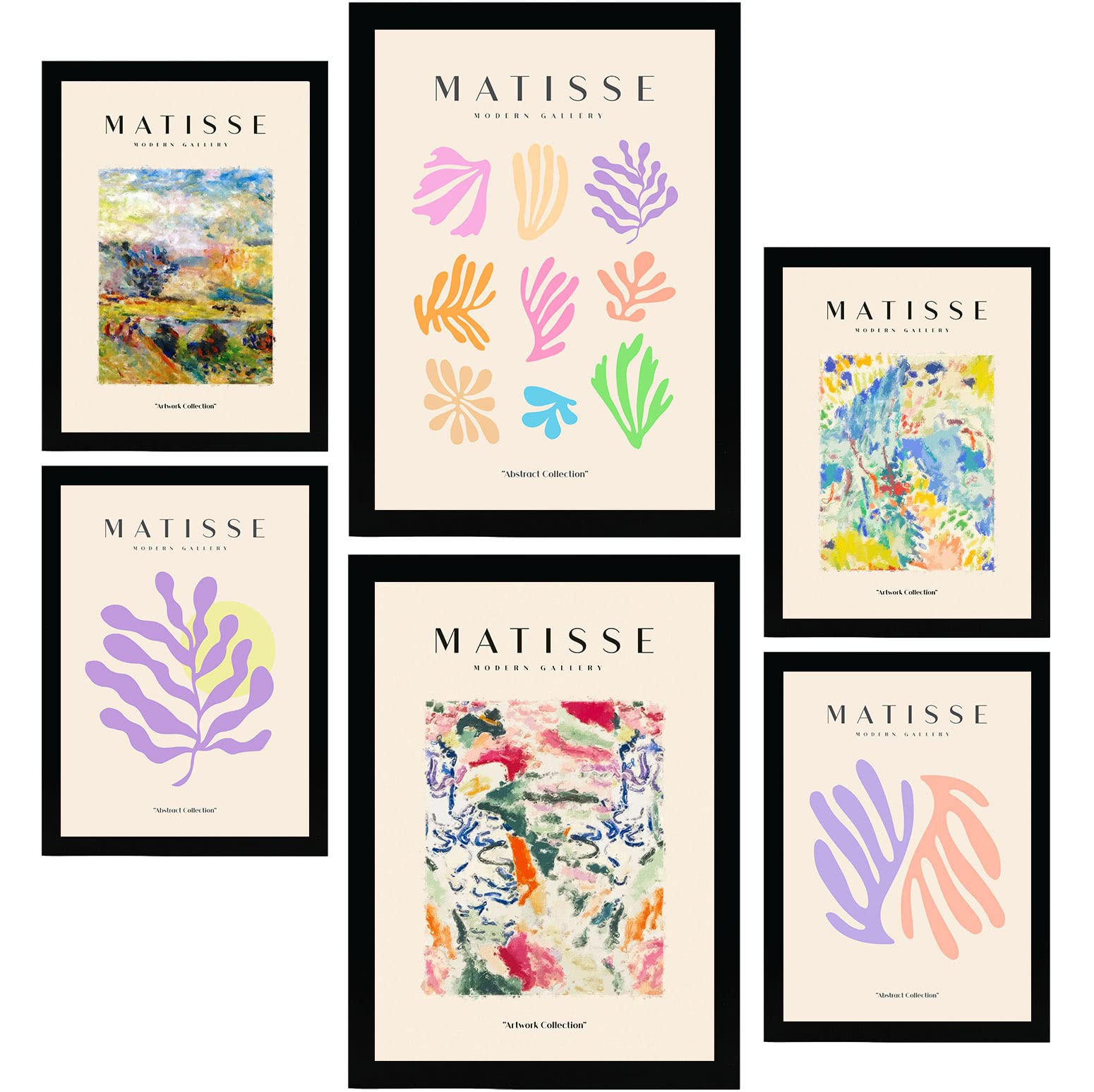 POSTER Set Mit 6 Henri Matisse Vegetation Drucke Des Fauvismus Und Der Abstrakten Kunst Für Innenarchitektur A3 & A4 Schwarzer Rahmen - Schwarz, Papier (29/3cm) - Nacnic