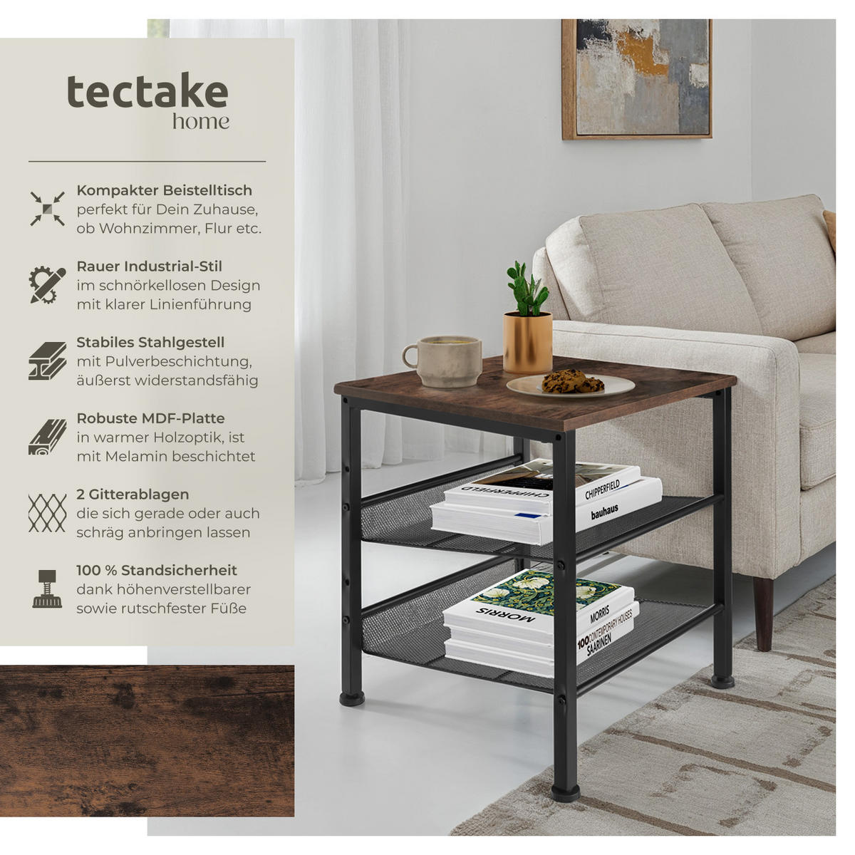 BEISTELLTISCH Lincoln,40,5 x 40 x 50,5 cm,Industrial Holz dunkel, rustikal - Rostfarben, Holz (40.5/40/50.5cm) - tectake