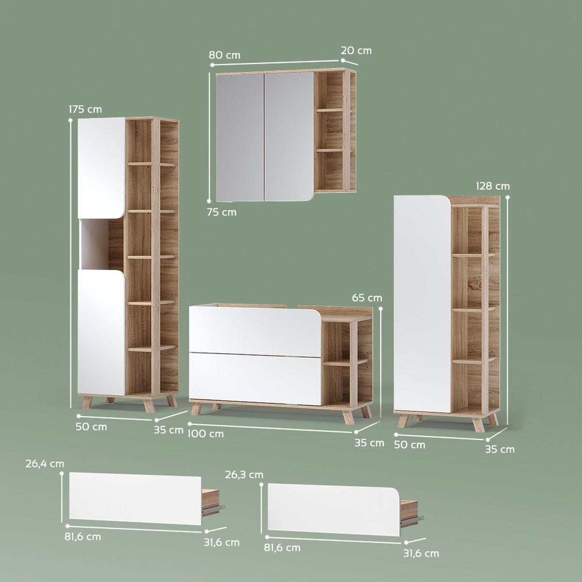KOMPLET KOPALNIŠKEGA POHIŠTVA Marano, Sonoma/Bela, 4-delni - bela/hrast sonoma, leseni material (100/65/35cm) - Livinity®