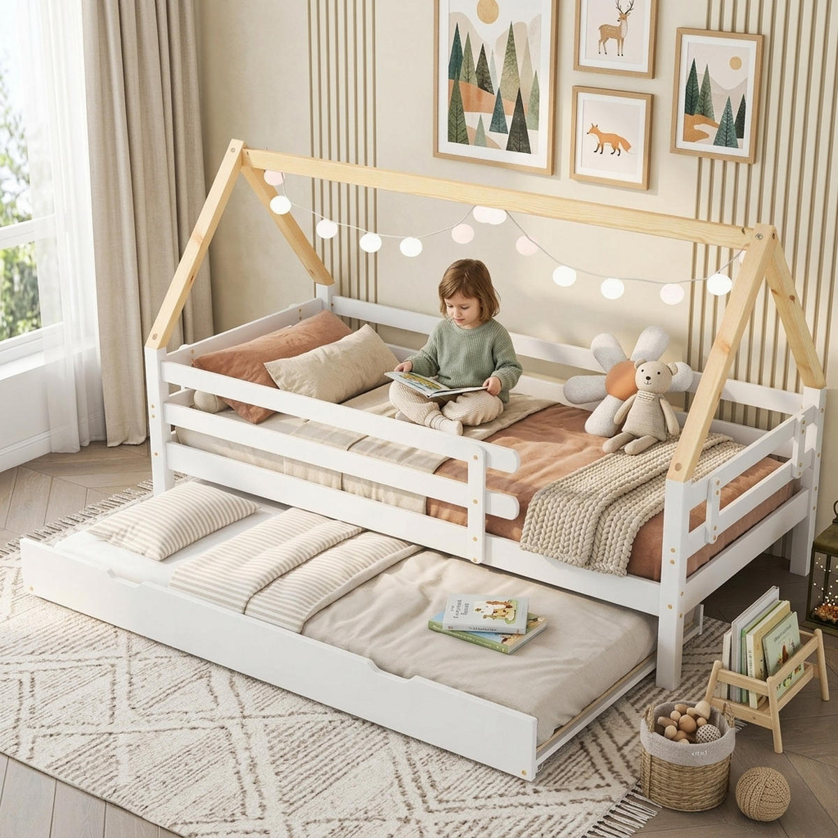 HAUSBETT 90/200 cm & 90/190 cm in Weiß & Natur mit Ausziehbett - Weiß/Naturfarben, Holz/Holzwerkstoff (90/200cm) - WISHDOR