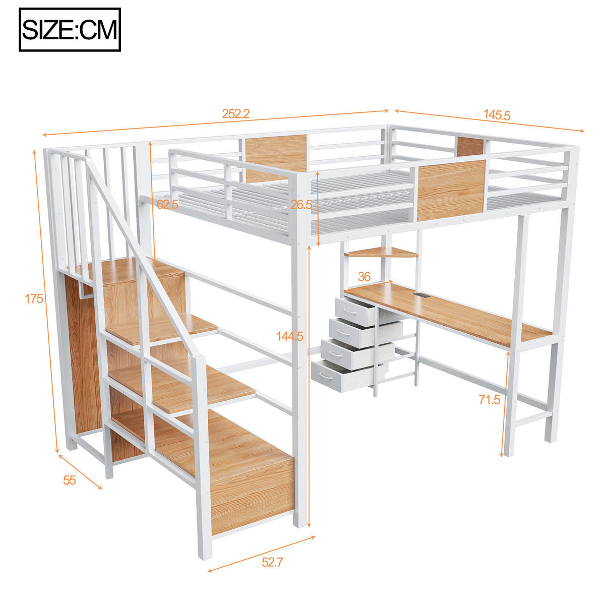 HOCHBETT 140/200 cm in Weiß mit Schreibtisch, Ablagefächern, Kleiderstange, LED und Steckdose - Weiß, Holzwerkstoff/Metall (140/200cm) - CHICFURN