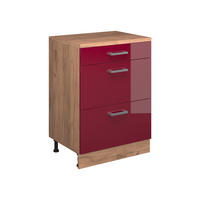 KUHINJSKA OMARA ZA POŠEVNE STREHE R-Line, Rdeča visoki sijaj, 60 cm brez naklona z 3 predaloma - rdeča/medeni hrast, leseni material (60/83.8/46cm) - Vicco