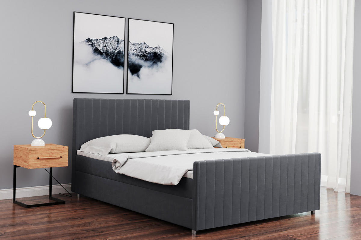 BOXBETT mit Bettkasten Matratze Topper LATINO stoff Velvet 160x200 cm Grau H3-Bonell - Grau, Holz/Holzwerkstoff (160/200cm) - Kaiser Möbel
