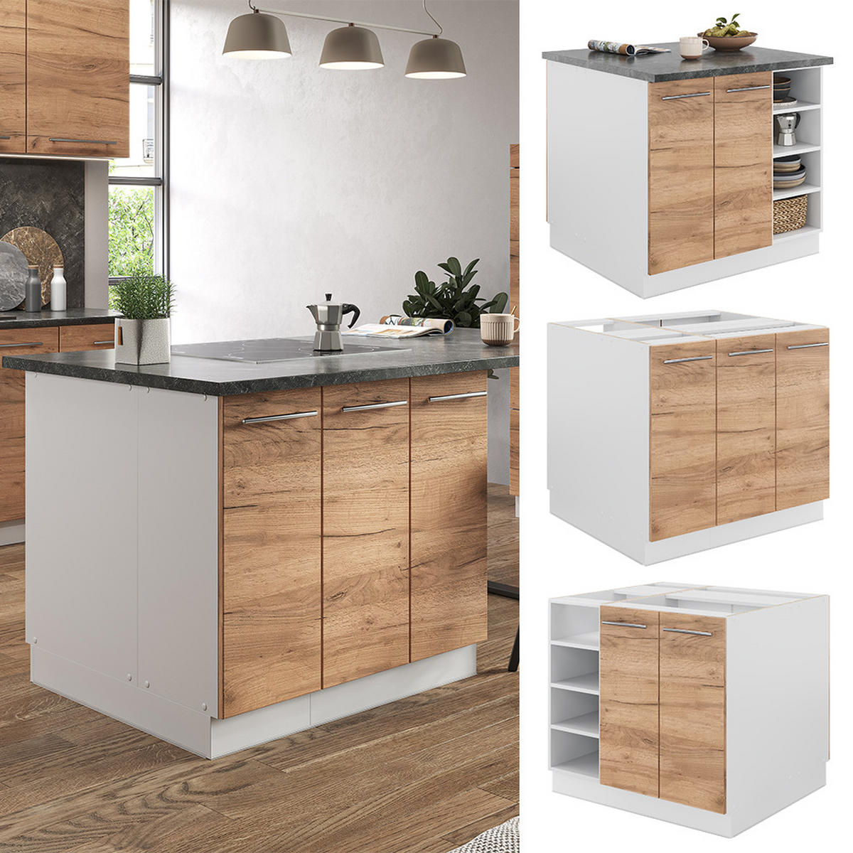 KÜCHENINSEL Fame-Line Goldkraft Eiche/Weiß 90 cm ohne AP - Honigeiche/Eiche Wotan, Holzwerkstoff (90/82/82cm) - Vicco