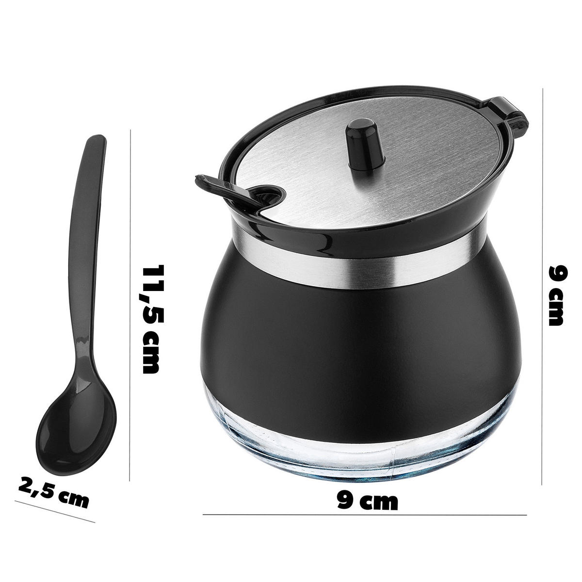 ZUCKERDOSE aus Glas mit Löffel, 270 ml, Schwarz - Schwarz, Glas (9/3.5cm) - KADAX
