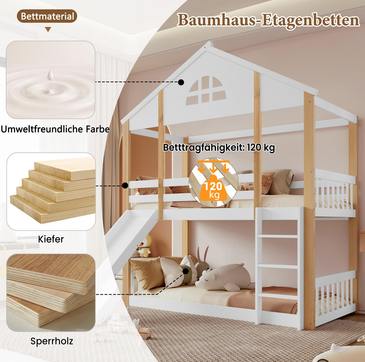 ETAGENBETT 90/200 cm weiß und natur aus Massivholz mit Rutsche und Winkeltreppe - Weiß, Holz (90/200cm) - OKWISH