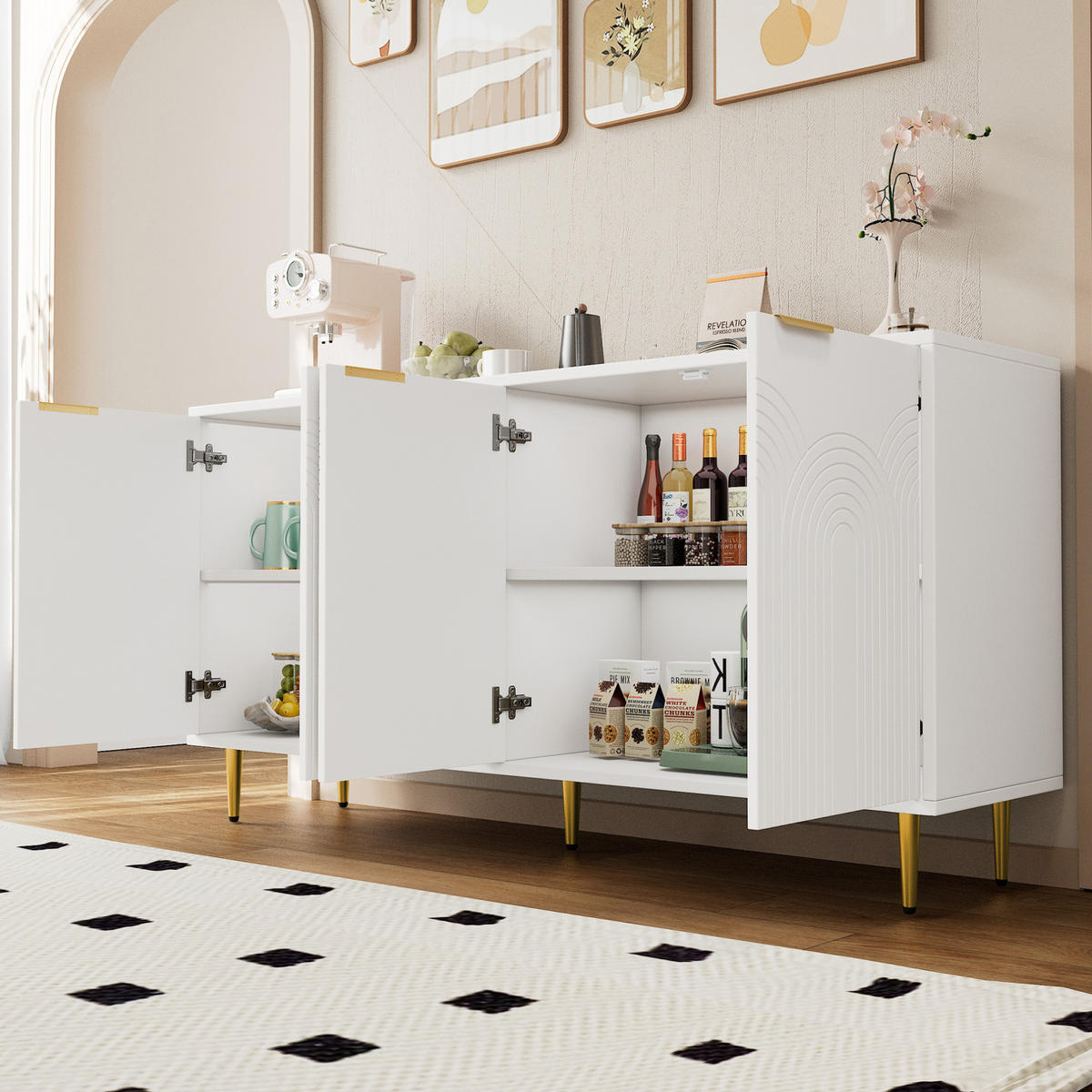 SIDEBOARD 160/40/80 cm in Weiß mit 4 Türen und verstellbaren Einlegeböden - Weiß, Holzwerkstoff (160/80/40cm) - Flora Grace