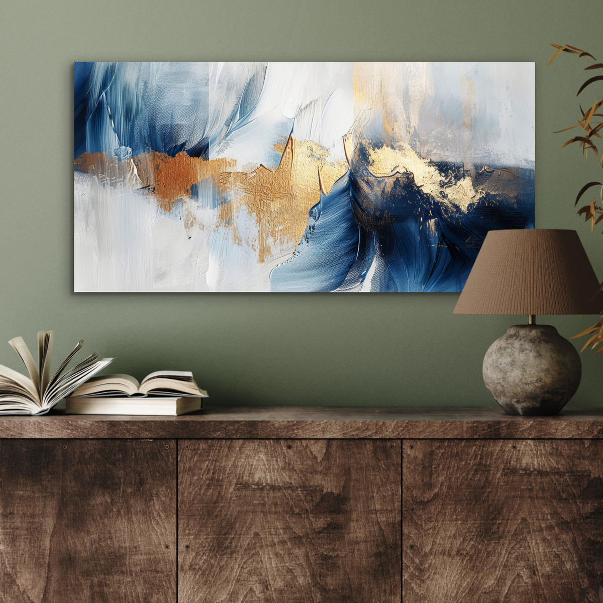 KOVOVÝ OBRAZ Zlatá - modrá - akvarel - umenie - moderné 80x40 cm - svetlomodrá, kov (80/40cm) - MuchoWow