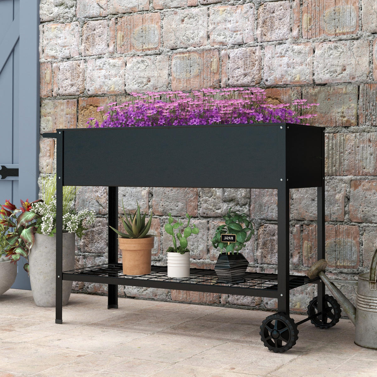 HOCHBEET DE-16033 mit Etagere und Rollen Schwarz - Schwarz, Metall (109/80/44cm) - ComfortXL