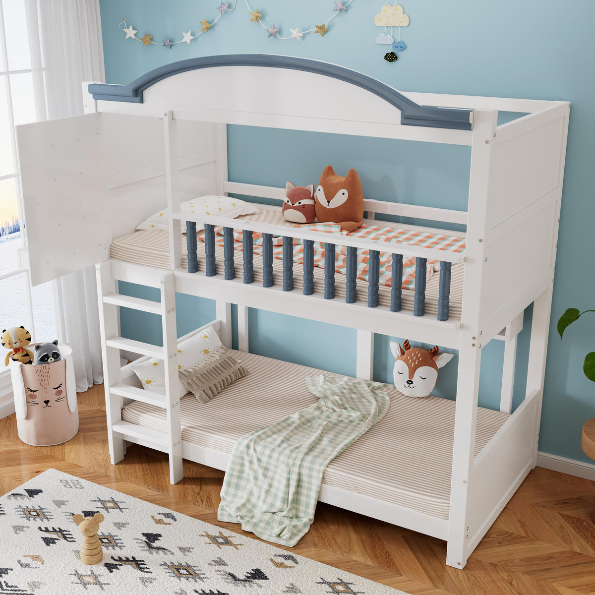 HAUSBETT 90x200cm mit vierstufiger Leiter in Weiß+Blau - Weiß, Holz (90/200cm) - KOMHTOM