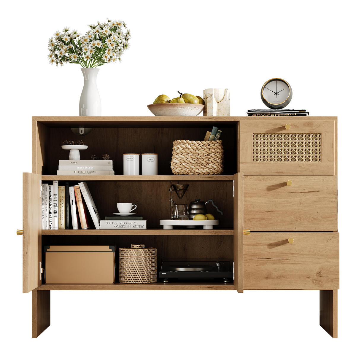SIDEBOARD 105/40/76 cm natur aus Spanplatte mit Rattanfronten - Naturfarben, Holzwerkstoff (105/76/40cm) - OKWISH