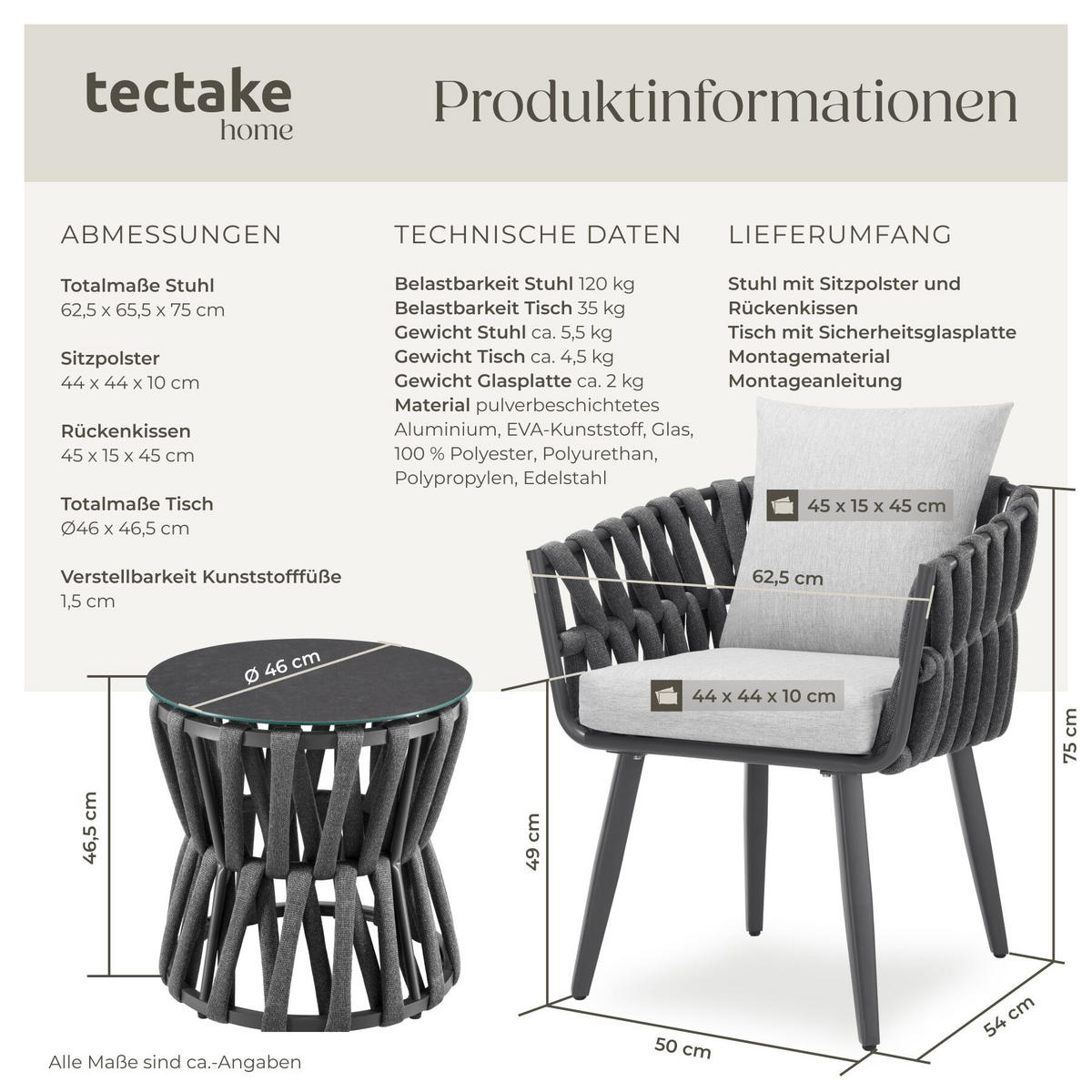 GARTENLOUNGE-SET Lugano, Rope-Design, Aluminium, anthrazit, Tisch Ø46cm & Stuhl 62,5x65,5x75cm - Anthrazit/Grau, Kunststoff/Metall - tectake