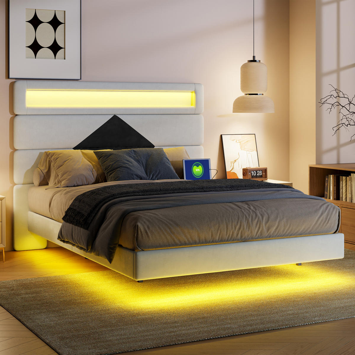 POLSTERBETT 140/190 cm beige Samt mit LED USB Kopfteil - Beige, Holz