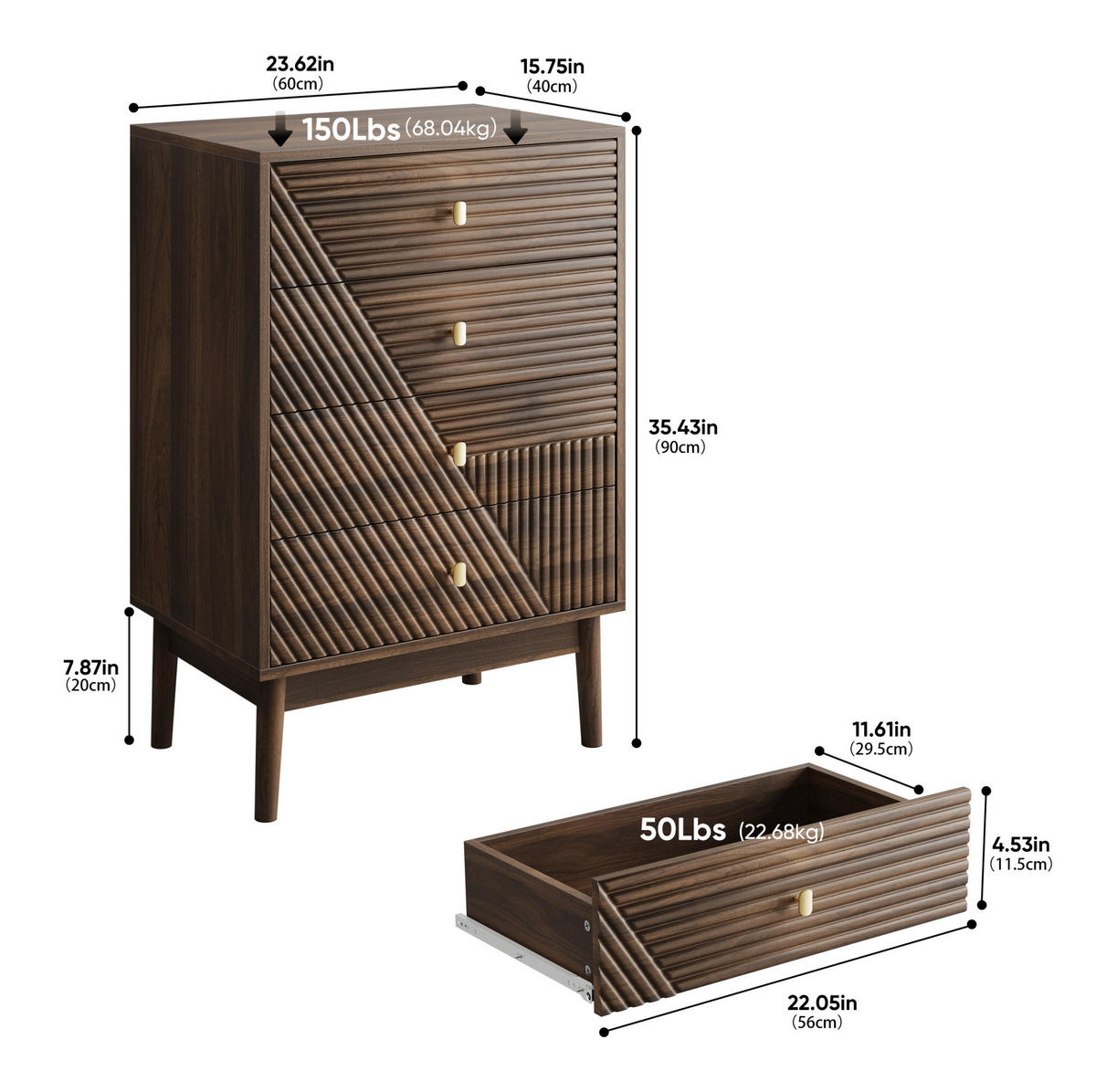 KOMMODE aus MDF und Spanplatte 60x40x90 cm Walnuss mit 4 Schubladen im Mid-Century-Stil - Walnussfarben, Holzwerkstoff (60/90/40cm) - Modfu