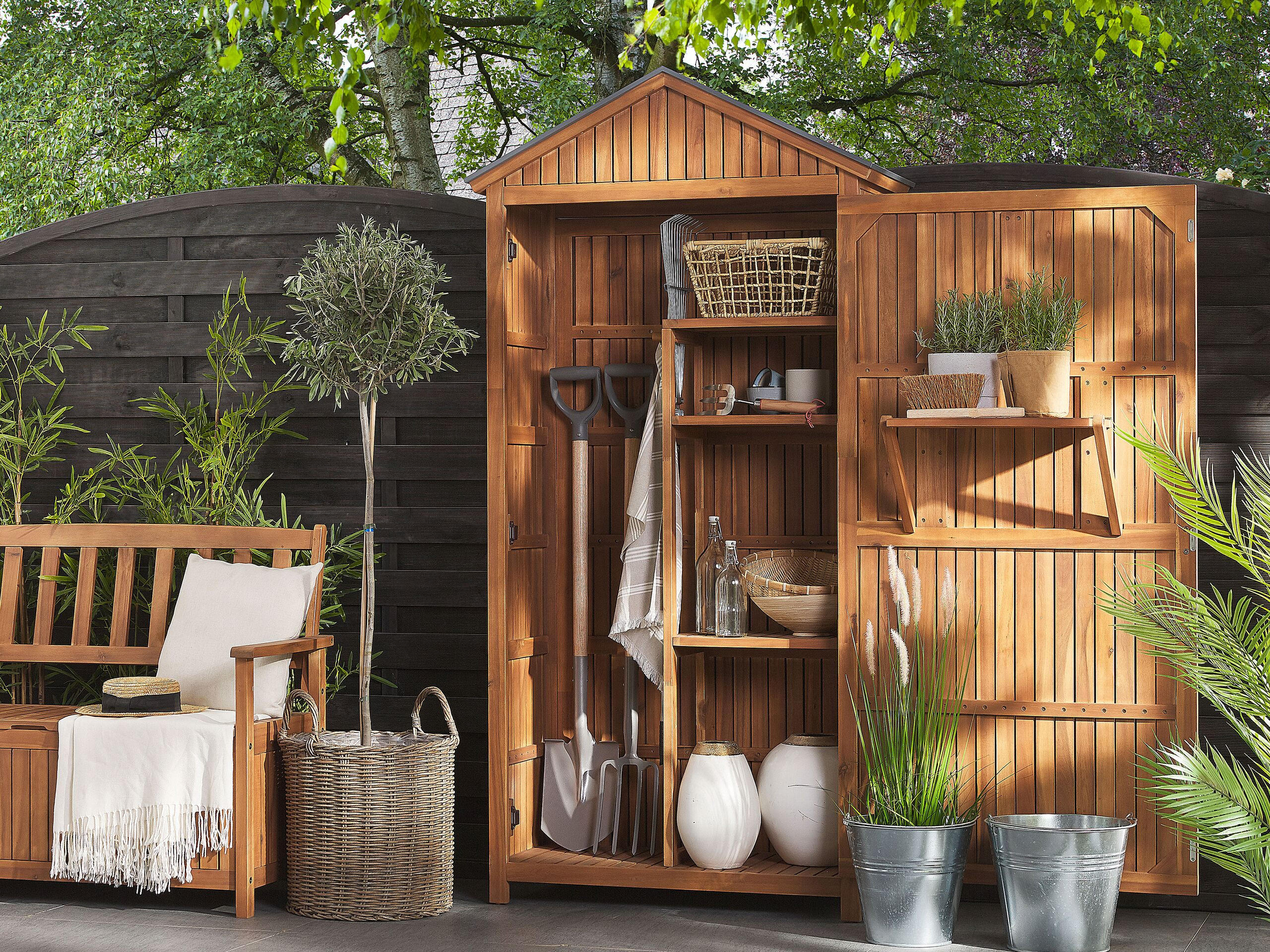 GARTENSCHRANK Akazienholz braun 200/100 cm Savoca - Braun/Grau, Holz (100/200/40cm) - Beliani