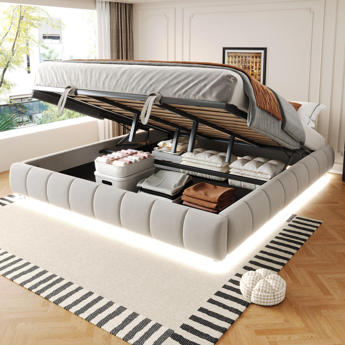 POLSTERBETT 180/200 cm in Beige Stoff mit Stauraum und LED - Beige, Holzwerkstoff/Textil (180/200cm) - WISHDOR