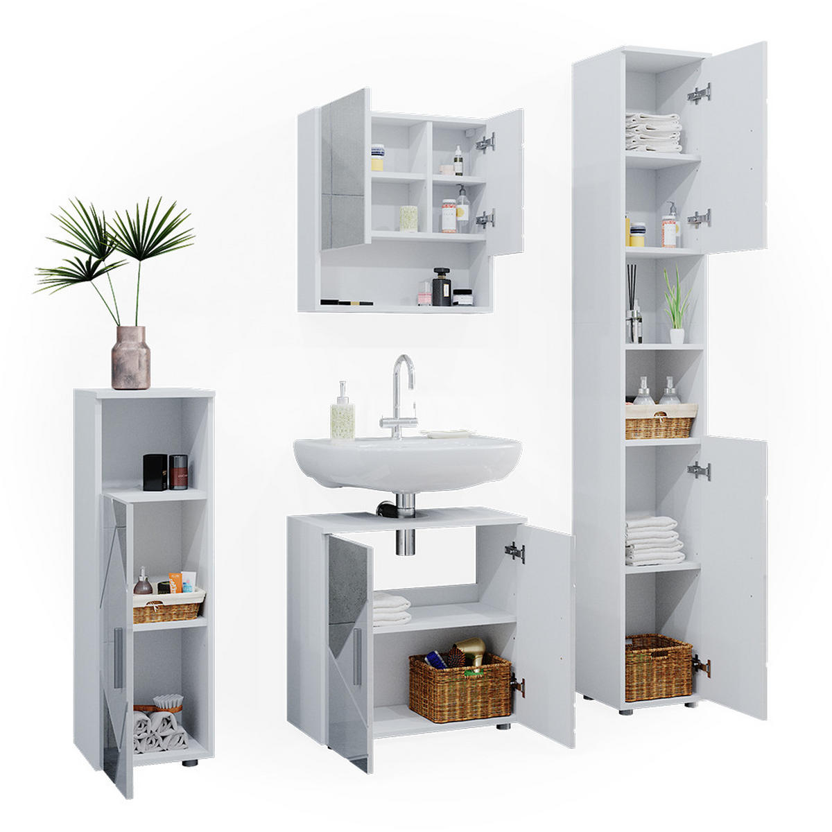 BADMÖBEL-SET Irma Weiß Hochglanz mit Einsätzen 4 Teile mit Hochschrank - Weiß Hochglanz, Holzwerkstoff (80/58.6/41cm) - Vicco