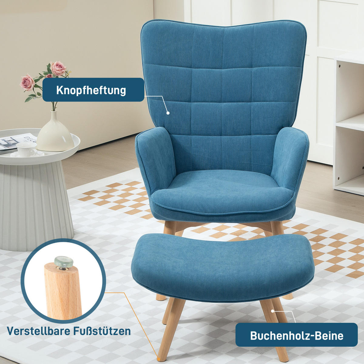 SESSEL-SET 72/80/101 cm in Blau mit Hocker und Cord-Optik - Blau, Textil (72/101/80cm) - BEAOK