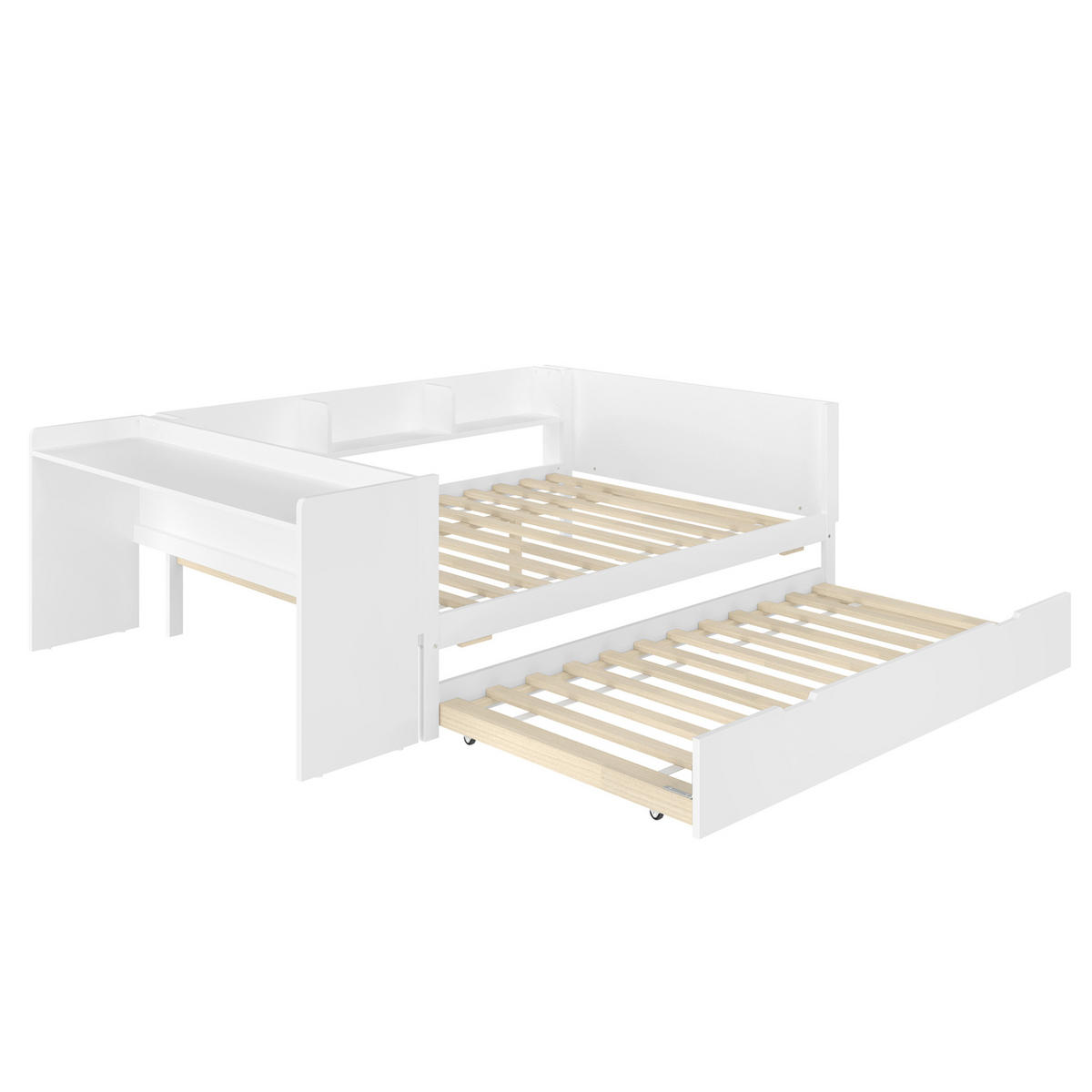 BETT 140/200 cm mit Schreibtisch, Rollbett und Regalen aus Kiefernholz in Weiß - Weiß, Holz (140/200cm) - BEAOK