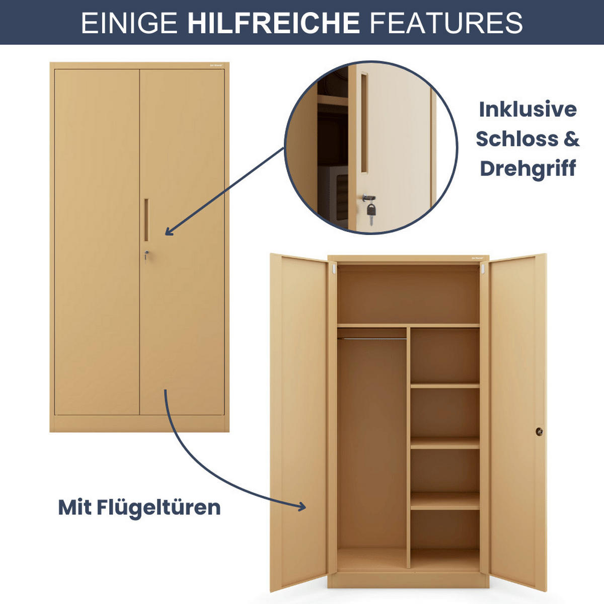 MEHRZWECKSCHRANK Metall abschließbar REKL 185x90x45cm Beige - Beige, Metall (90/185/45cm) - DELUKE