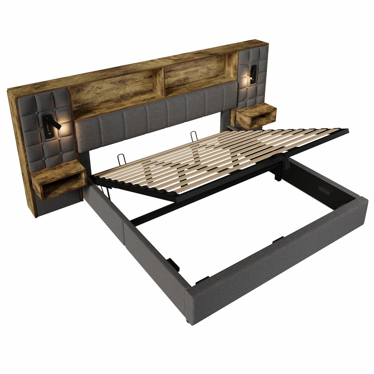 POLSTERBETT 180/200 cm Grau mit LED, 2 Leselampen und 2 integrierte Nachttische - Grau, Textil (180/200cm) - Oxeza