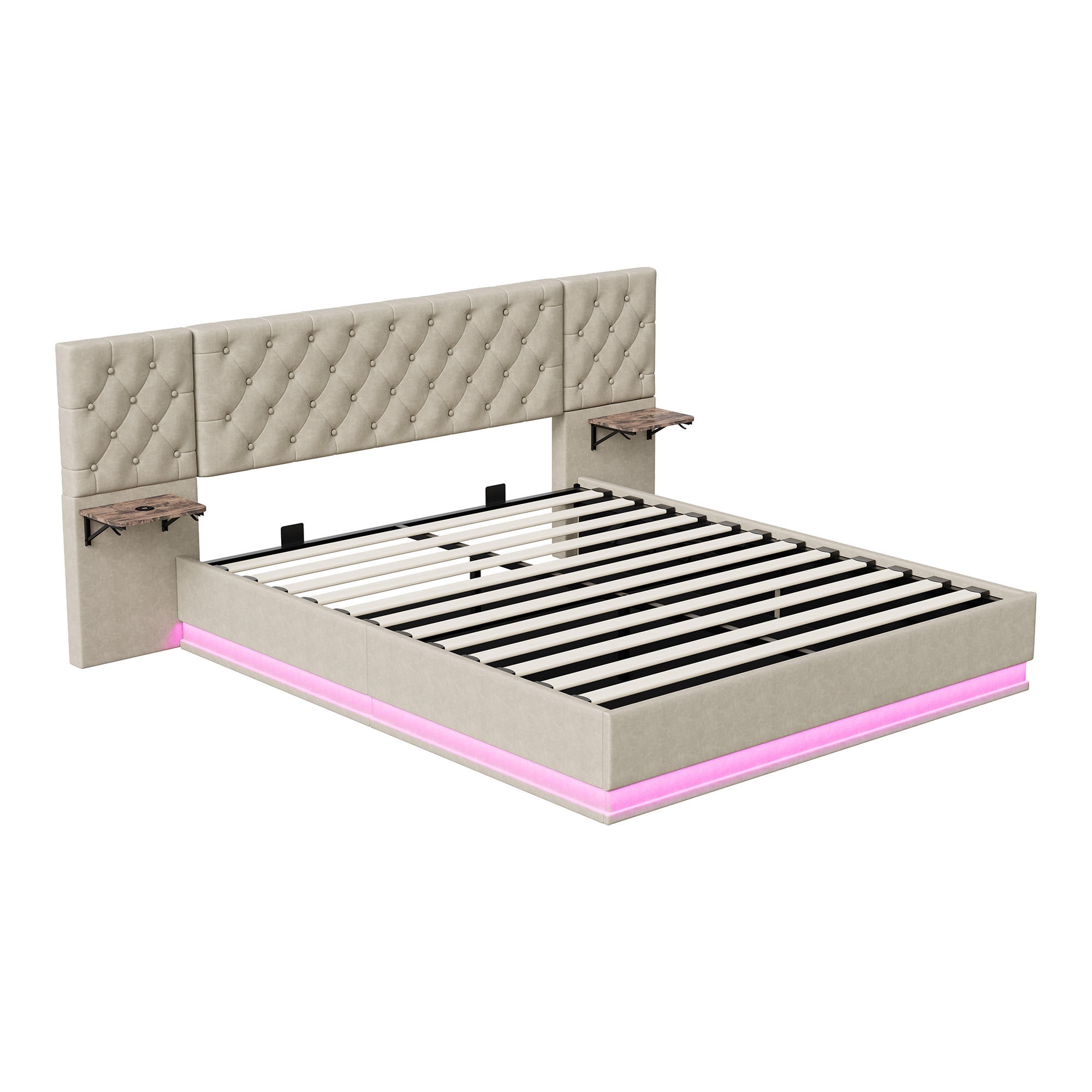ČALÚNENÁ posteľ 160x200 cm béžová s RGB LED, úložným priestorom, USB-C a bezdrôtovým nabíjaním, ľanový poťah