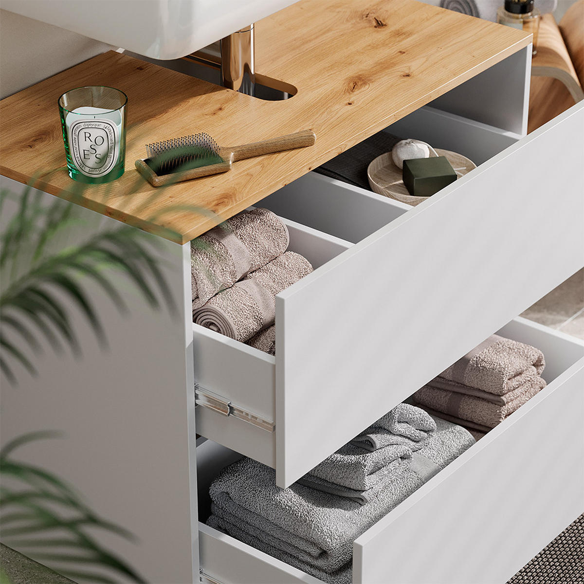 WASCHBECKENUNTERSCHRANK Viktor Weiß/Artisan 80.2 x 65 cm mit 2 Schubladen - Hellgrau/Weiß, Holzwerkstoff (80.2/65/45.5cm) - Vicco