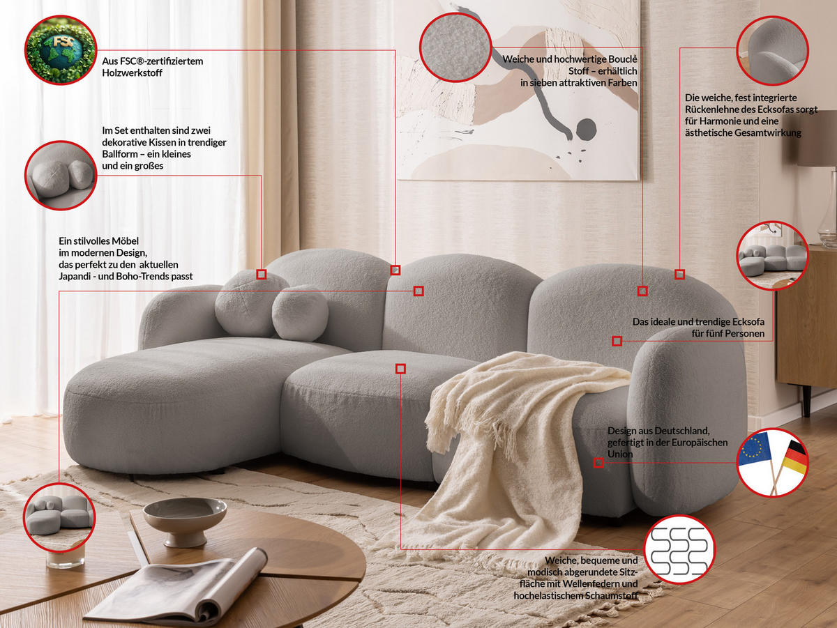 ECKSOFA Nuvola mit abgerundetem Design Hellgrau Bouclé-Stoff - Ottomane Links - Hellgrau/Schwarz, Holz/Kunststoff (268/146cm) - S-Style Möbel