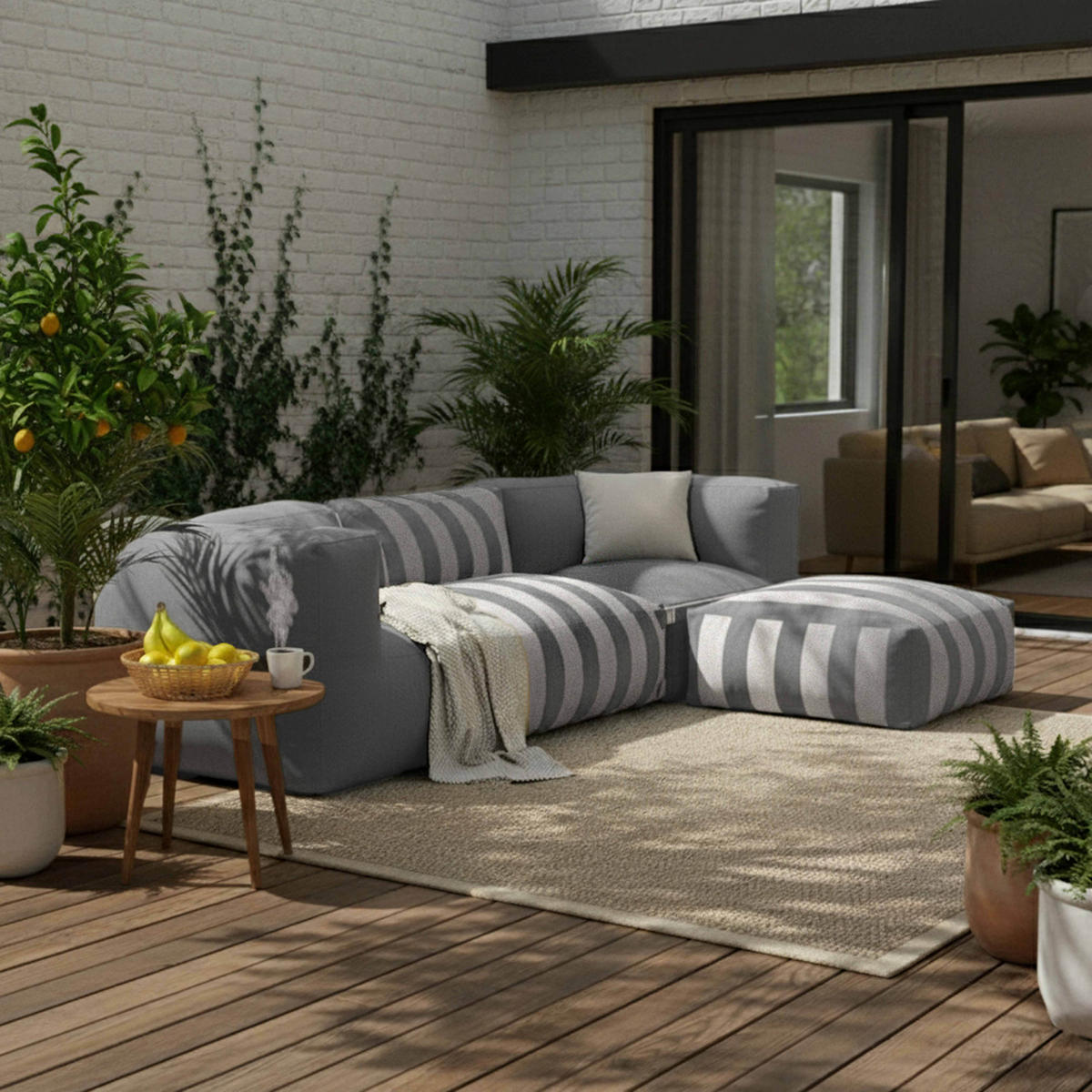 GARTENSOFA mit 4 Sitzplätzen, Grau - Grau, Textil (85/65/255cm) - Oviala