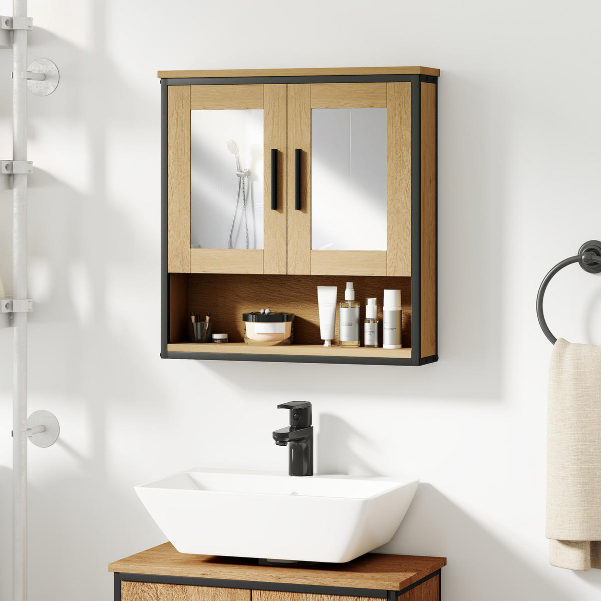 SPIEGELSCHRANK Eichenfarbe und Schwarz 56/13/60 cm - Eichefarben, Holzwerkstoff (56/60/13cm) - PANGIVO