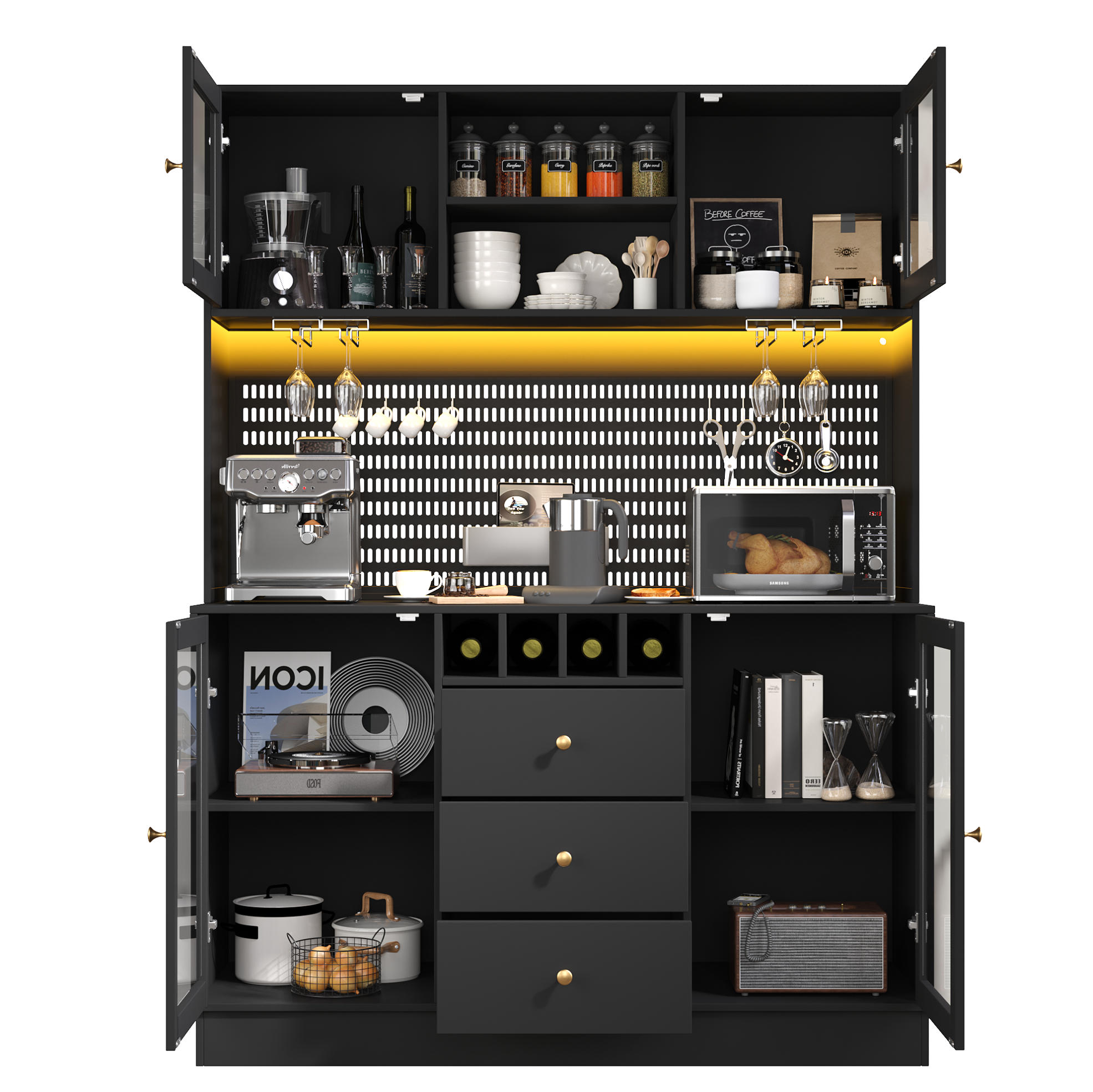 BUFFET 140/185,7/40 cm Schwarz aus MDF und Glas mit LED-Beleuchtung - Schwarz, Holzwerkstoff (40/185.7/140cm) - OKMYHOME