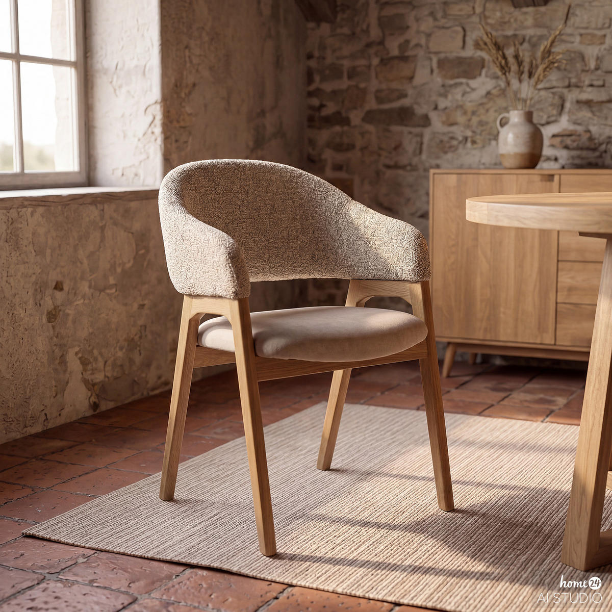 ARMLEHNENSTUHL - Holzwerkstoff / Massivholz / Textil - Creme, Eichenholz/Holz (60/82/59cm) - home24