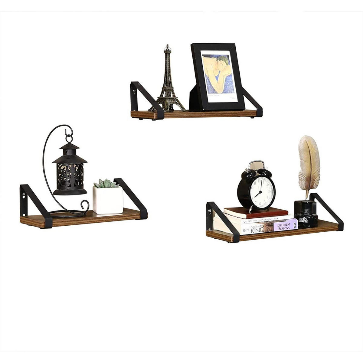 WANDREGAL Holzoptik Metall Dunkelbraun Schwarz 3-er Set 30/35/40x12x11 cm - Dunkelbraun/Schwarz, Holzwerkstoff/Metall (12/11/40cm) - Begryf