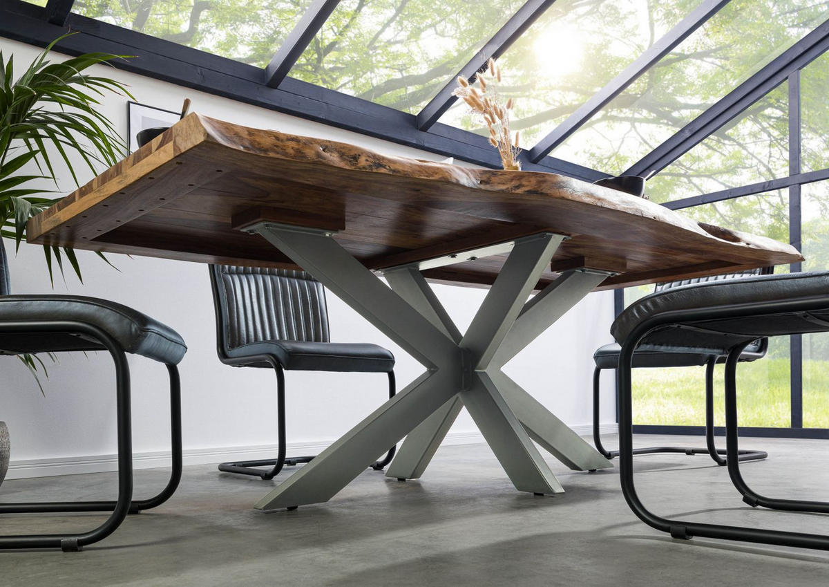 BAUMTISCH Sheesham 180x90x77 natur sandgestrahlt / Kreuzgestell silber matt FREEFORM 5 - Naturfarben, Holz (180/90/77cm) - Massivmoebel24