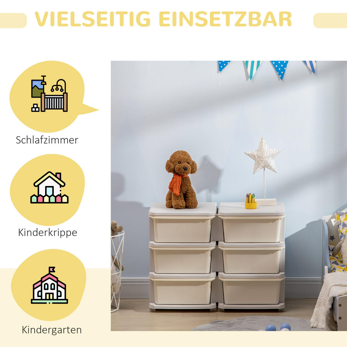 SCHUBLADENSCHRANK, Kunststoff, Cremeweiß/Grau, 75L x 37B x 56,5H cm - Creme/Weiß, Kunststoff (37/56.5/75cm) - HOMCOM