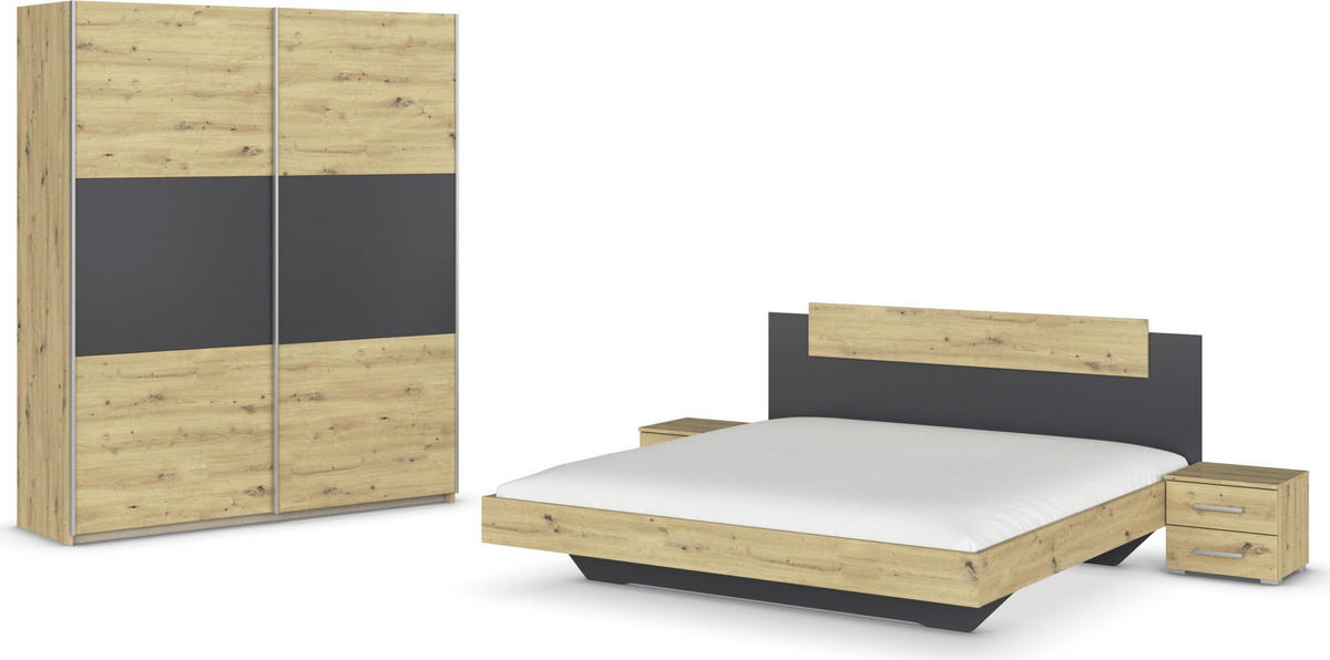 SCHLAFZIMMER Borba in Eiche und Grau 4 teilig – mit Bettanlage 180x200cm, zwei Nachttisch und Schwebetürenschrank 175cm Breite - Braun, Holzwerkstoff (80/200/120cm)