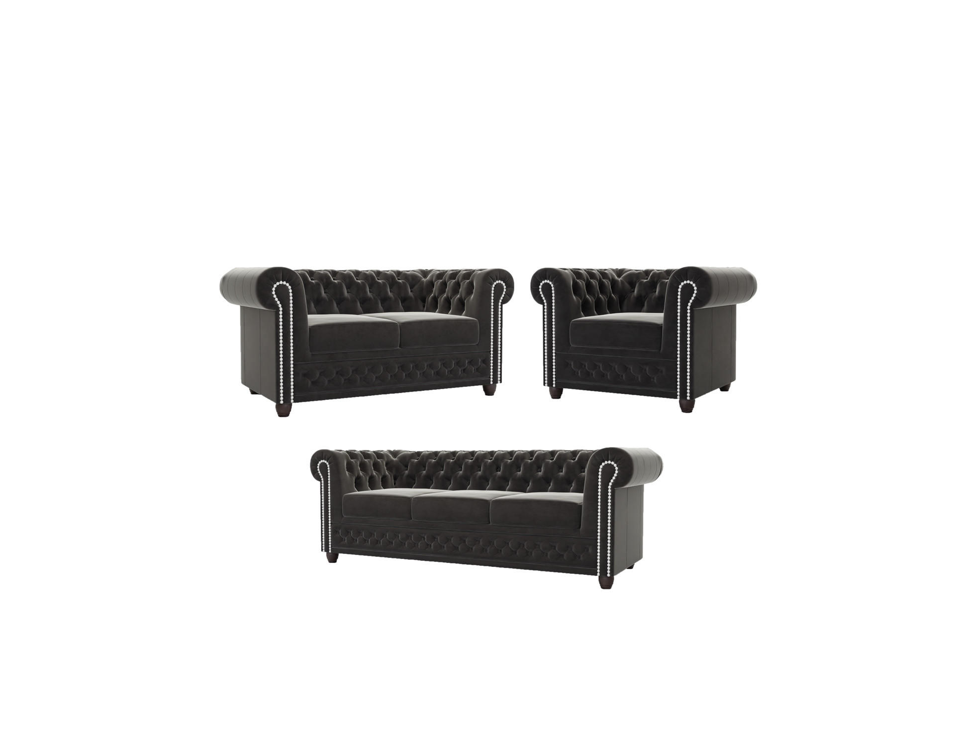 SITZGARNITUR mit Schlaffunktion 3+2+1 Chesterfield Nyx Schwarz Samt - Schwarz/Braun, Holz/Textil (203/72/86cm) - S-Style Möbel
