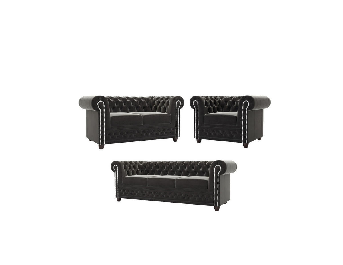 SITZGARNITUR 3+2+1 Chesterfield Nyx Schwarz Samt - Schwarz/Braun, Holz/Textil (203/72/86cm) - S-Style Möbel
