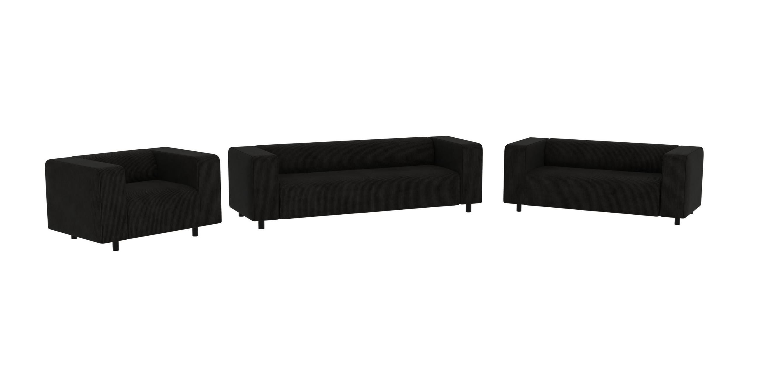 SITZGARNITUR 3+2+1 Tove Schwarz Cord - Schwarz, Holz/Kunststoff (175/65/80cm) - S-Style Möbel