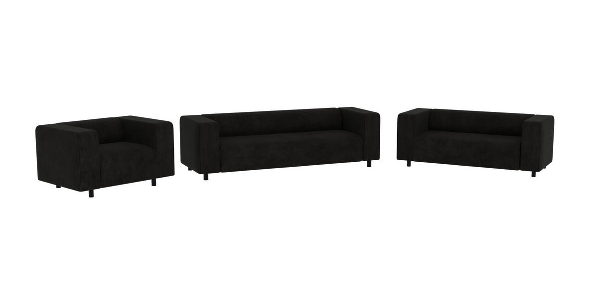 SITZGARNITUR 3+2+1 Tove Schwarz Cord - Schwarz, Holz/Kunststoff (175/65/80cm) - S-Style Möbel