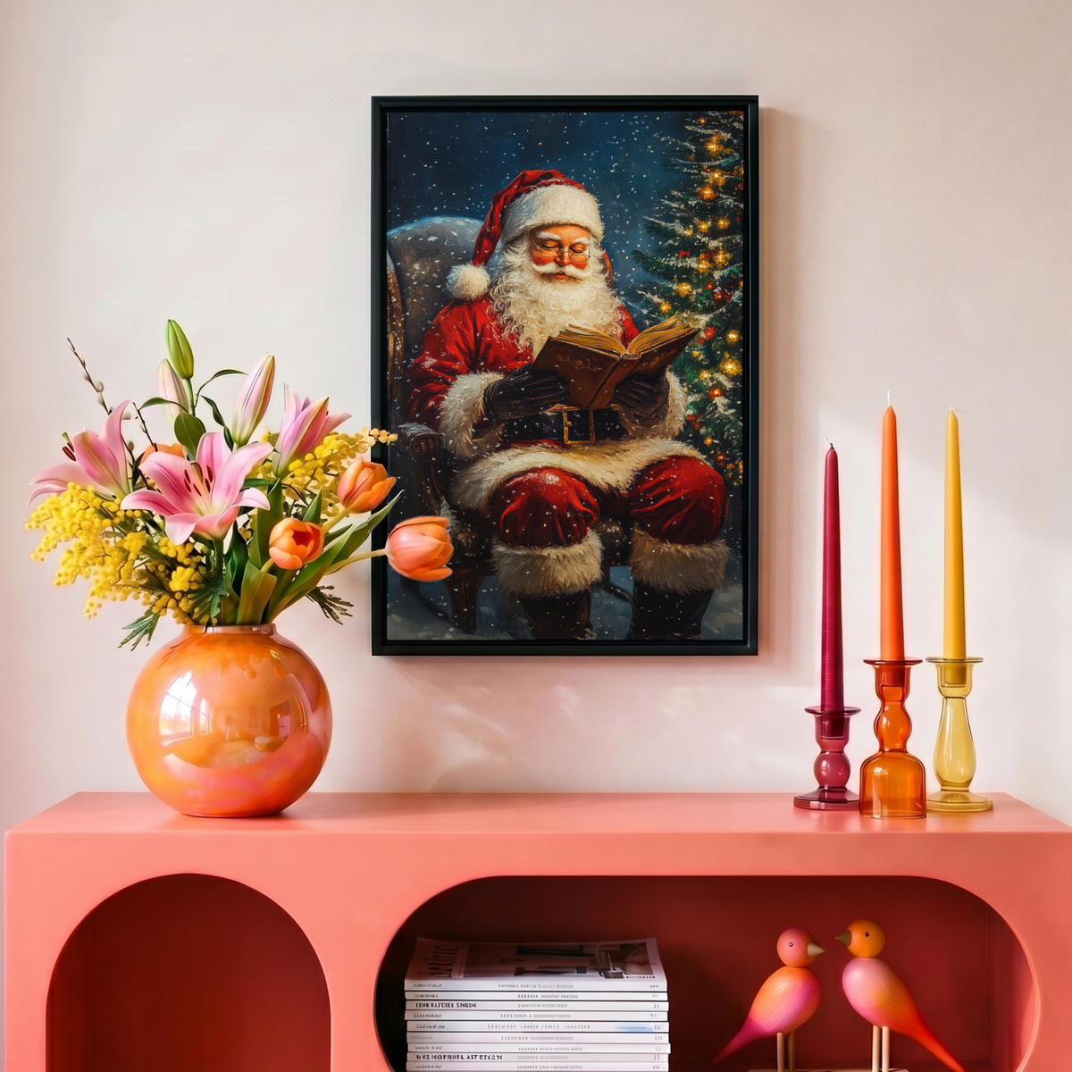LEINWAND Bilder mit Rahmen - Weihnachtsmann - Weihnachten - Winter - Weihnachtsbaum - 20x30 - Bordeaux, Textil (20/30cm) - MuchoWow