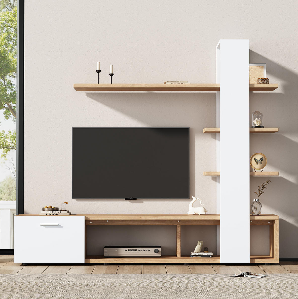 TV-WANDSCHRANK mit Regalen 180 x 33,5 x 151,5 cm Weiß/Wood - Weiß, Holzwerkstoff (33.5/151.5/180cm) - Beauniv