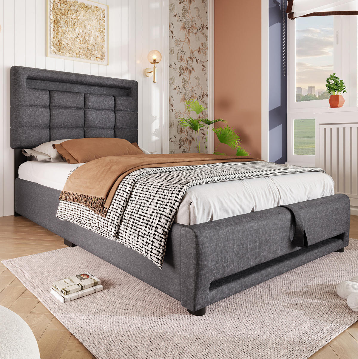 POLSTERBETT mit Stauraum, LED und USB 90x200 cm Leinen Grau - Grau, Metall (90/200cm) - Meubliv