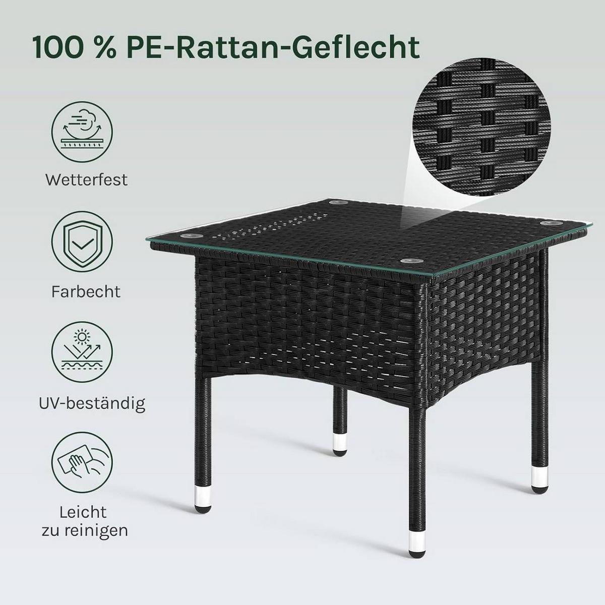 GARTENTISCH mit Glasplatte, klein, Schwarz - Schwarz, Glas/Kunststoff (50/50/45cm) - Woltu