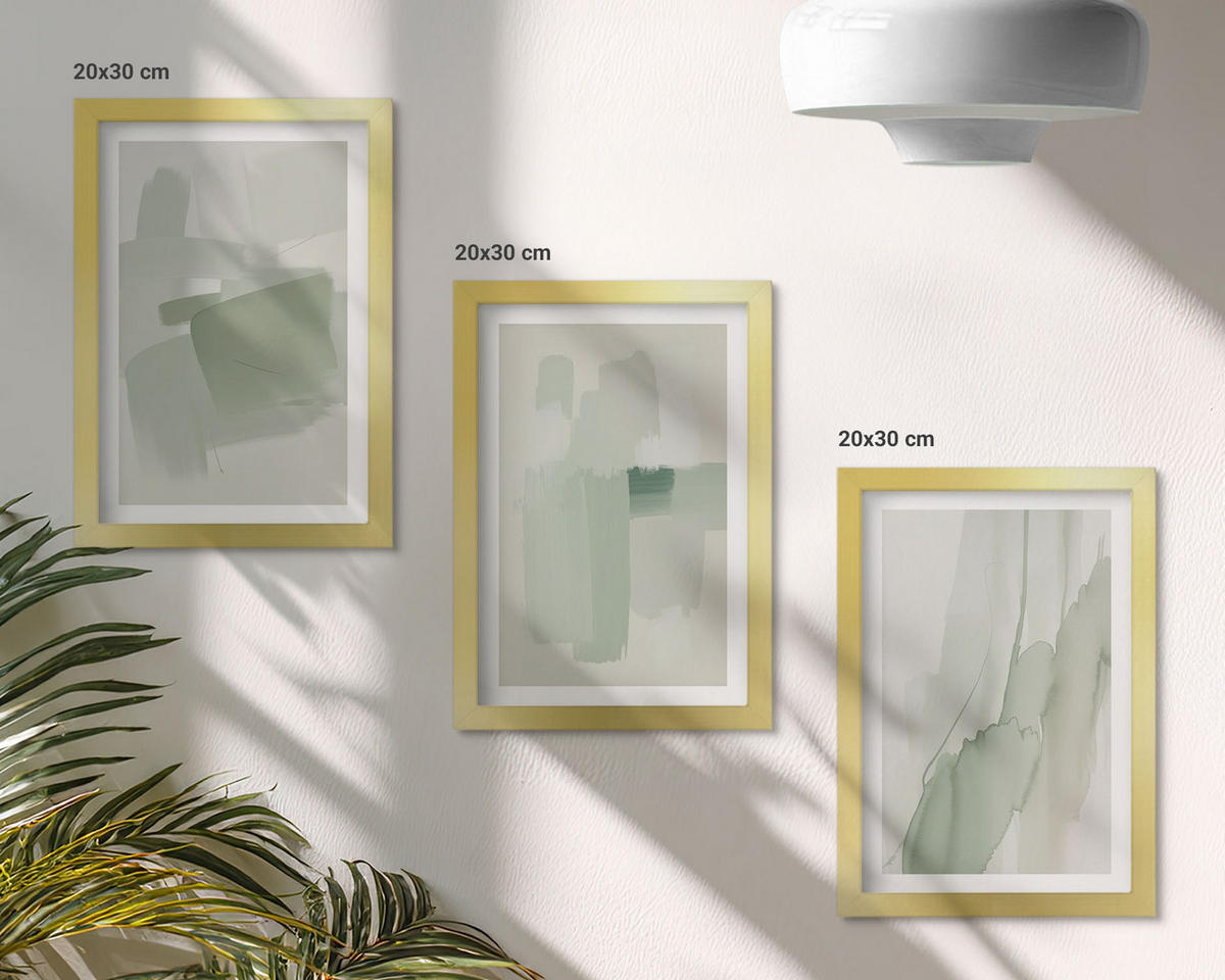 WANDBILDER 3er Set - 20x30 cm Goldrahmen - Abstrakte Aquarellmuster - Goldfarben, Kunststoff (20/30cm) - ArtPrintCave