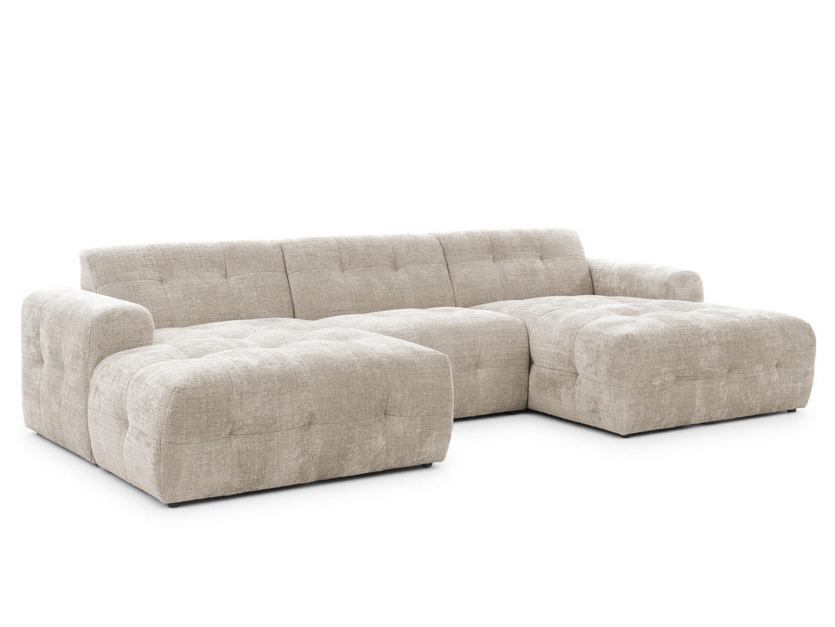 WOHNLANDSCHAFT Kozy im Bumpy-Design mit fester Rückenlehne aus weichem Dunkelbeige Chenille-Stoff - Beige/Schwarz, Holz/Kunststoff (323/79/161cm) - S-Style Möbel