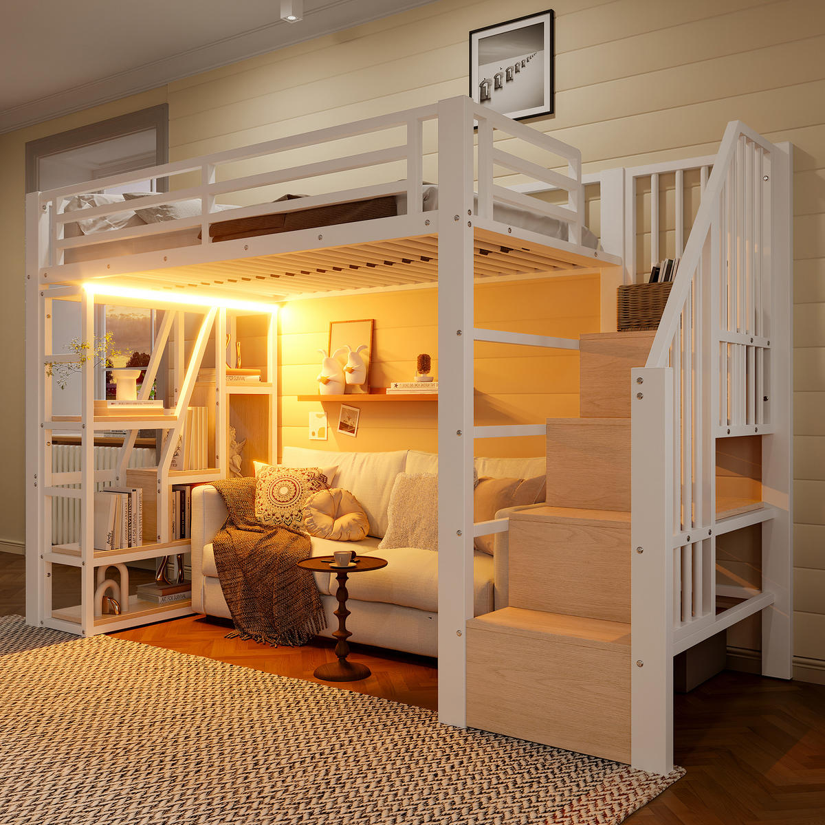 HOCHBETT 90x200cm Weiß Metall LED-Licht offener Stauraum - Weiß, Holz (90/200cm) - FLIEKS