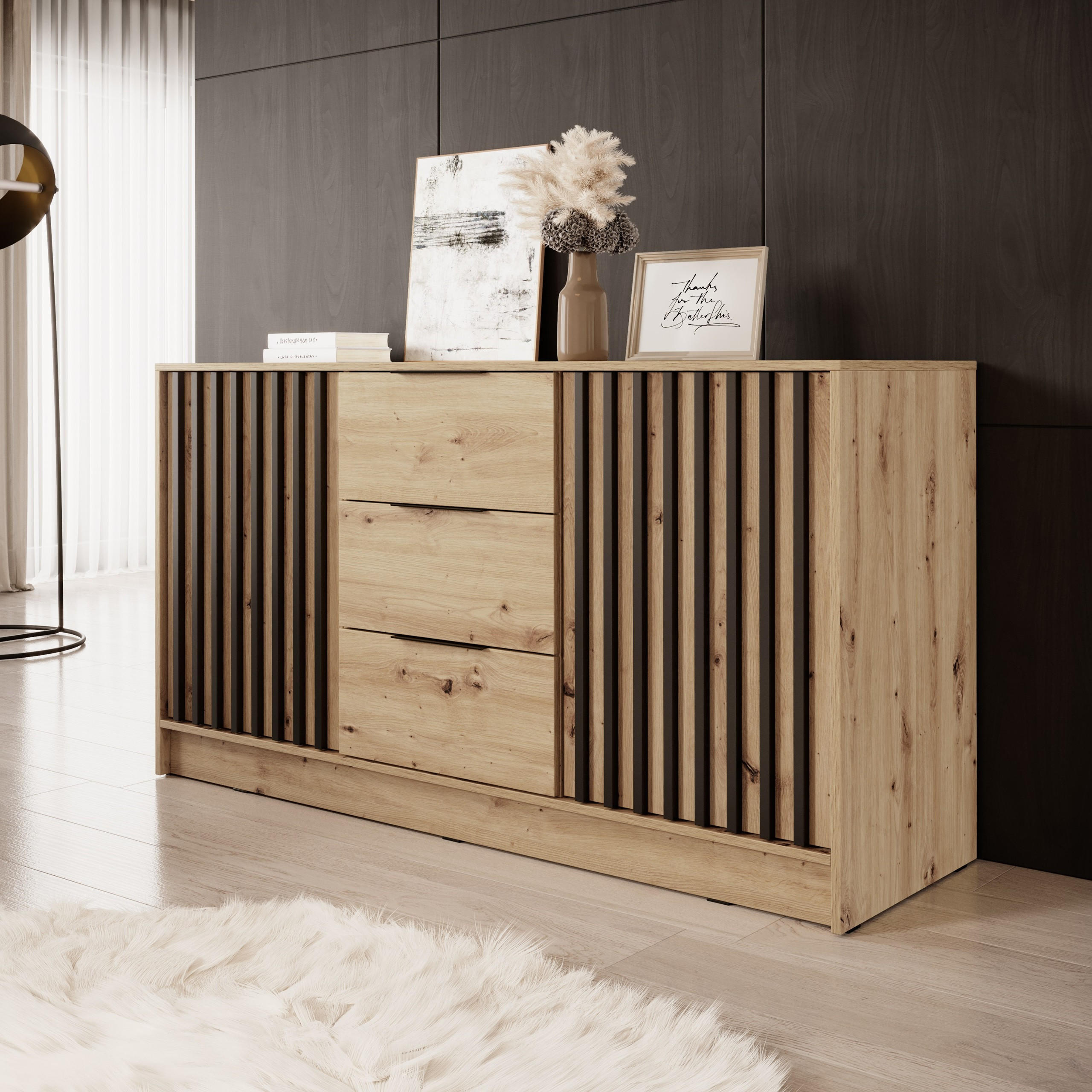 SIDEBOARD NELIANA 155/86/45 cm mit 3 Schubladen 2 Türen Eiche Artisan - Eiche Artisan, Holzwerkstoff (155/86/45cm) - MASSENO