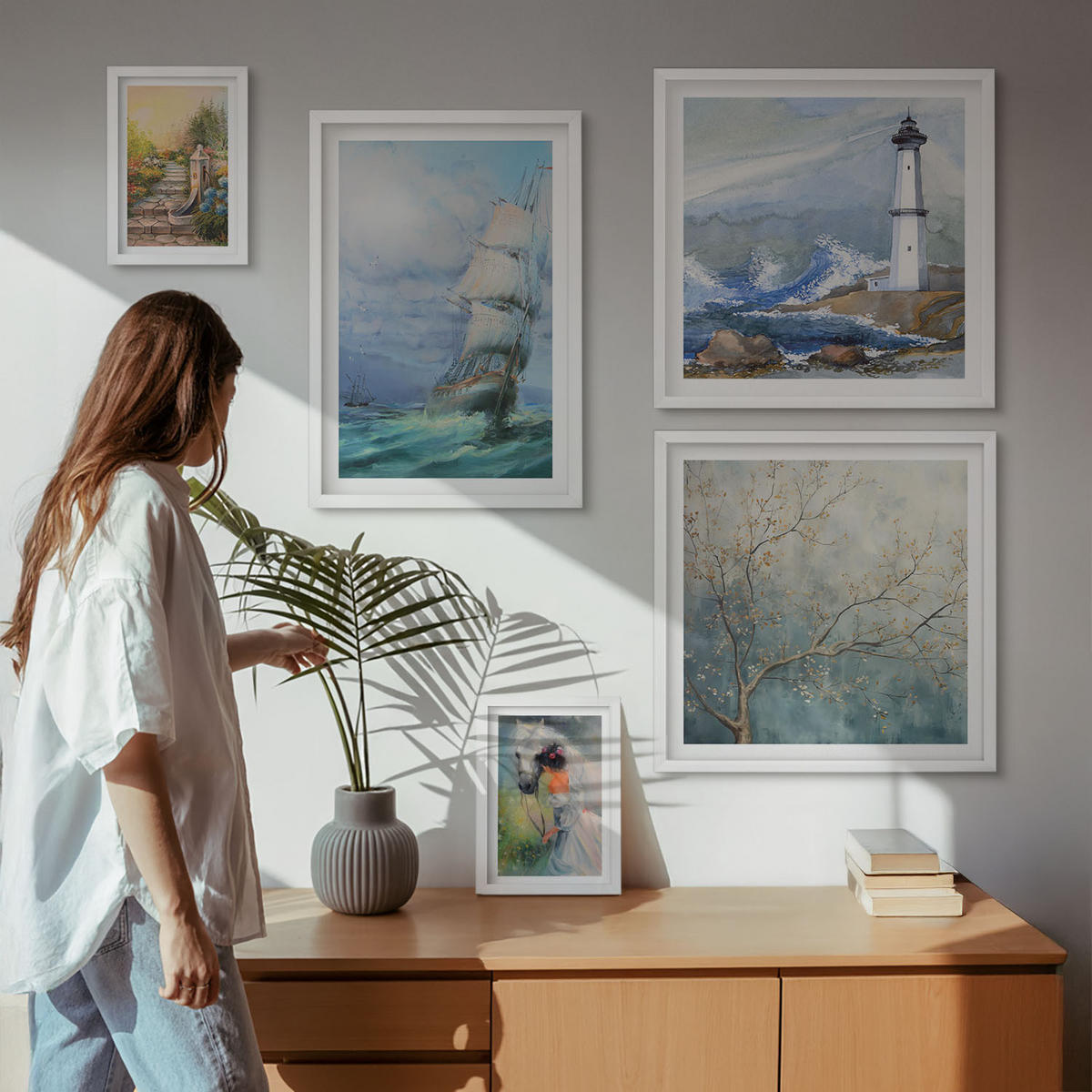 WANDBILDER 5er-Set - 50x50 cm & 20x30 cm & 40x60 cm Weißer Rahmen - Familienillustrationen Hausschilder - Weiß, Kunststoff (40/60cm) - ArtPrintCave